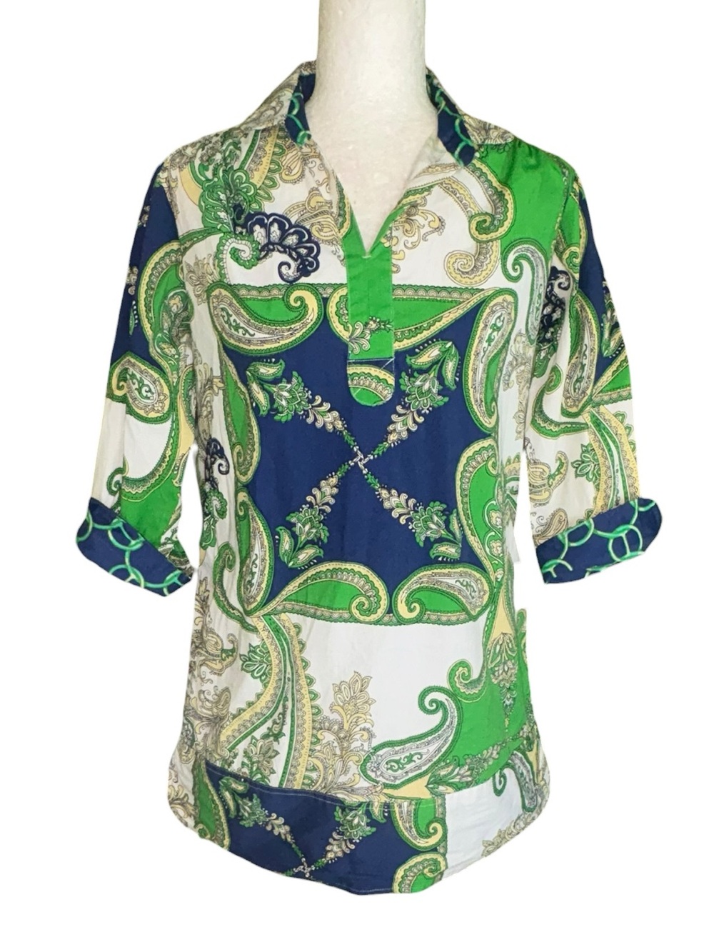 Tizzie Green Navy Blue Paisley Print Tunic Top Blouse - S
